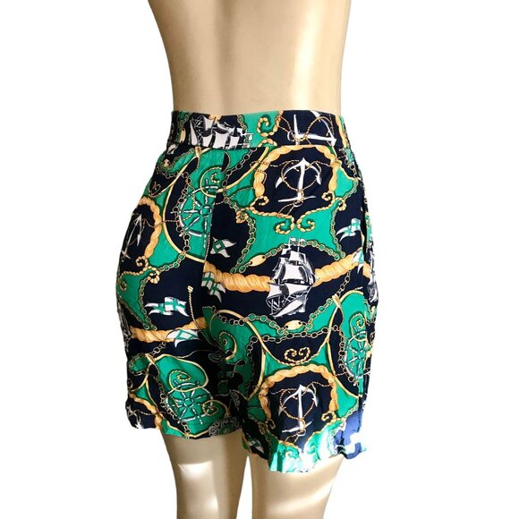 Vintage high rise shorts size XS 1990s women fashion nautical print in Green gol - Picture 6 of 9